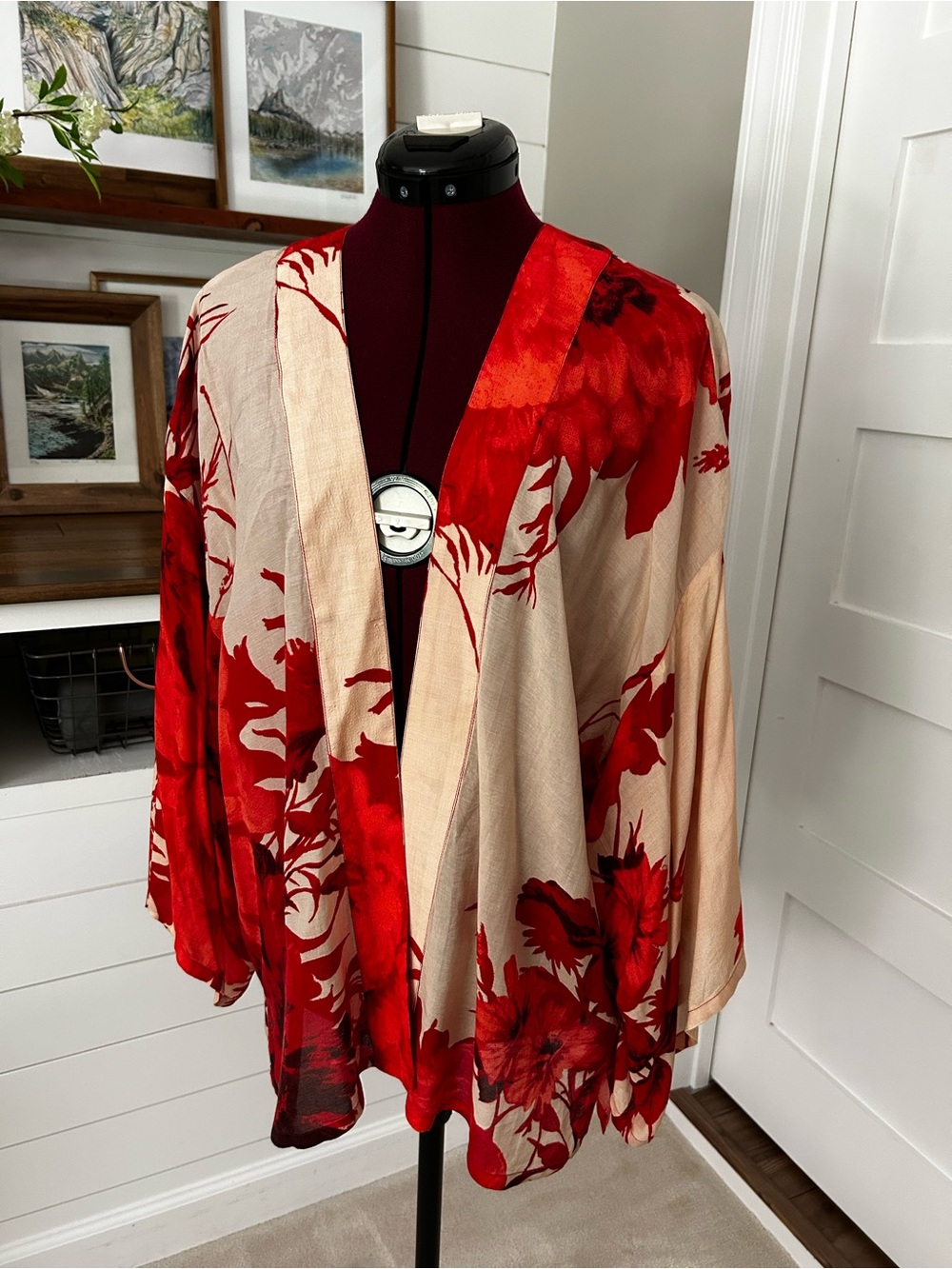 Powder Floral Open-Front Kimono Wrap in Red and Cream